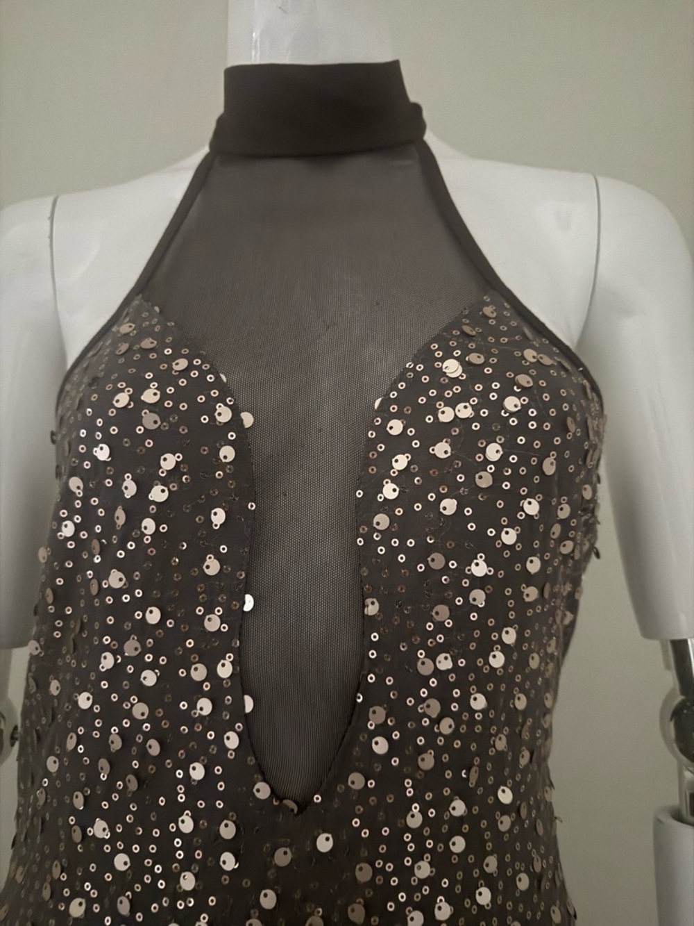 Sequined Halter Evening Dress in Chocolate brown. Mesh detail.